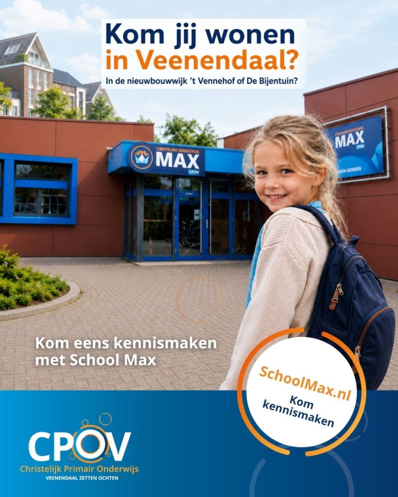Kom je wonen in Veenendaal, bijvoorbeeld in ’t Vennehof of De Bijentuin? Maak kennis met School Max, een christelijke basisschool met unitonderwijs. Plan Kennismakingsgesprek